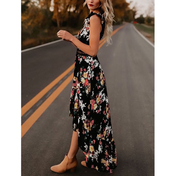 Black Floral Boho High Low Dress With Open Back - Picture 6 of 6
